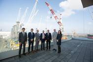 Representatives from Lindø port of Odense and Liebherr Rostock From left to right: Roman Chopyk (Sales Manager, Liebherr Rostock); Andreas Müller (Sales Director, Liebherr Mobile Harbour Cranes); Christian Kruse Trillingsgaard (Technical Manager, Lindø port of Odense); Carsten Aa (CEO, Lindø port of Odense); Leopold Berthold (Managing Director, Liebherr Rostock); Aron Boysen (Sales Manager, Liebherr Denmark), Sara Glasewald (Project Manager, Liebherr Rostock). Photo: Liebherr