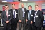 : Left to right: Cammell Laird chief executive John Syvret, Atlantic Container Line managing director Ian Higby, Bibby Ship Management Group chief executive Ed Rimmer, Peel Ports chief operating officer Gary Hodgson, and Hill Dickinson partner and Mersey Maritime chairman John Hulmes