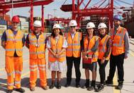 Left to right: Colin Mottershead, Shiphand/Tug Driver; Darrin Hyde, RTITB Trainer/Gantry Operator; Nusrat Ghani MP, Maritime Minister; Patrick Walters, Chief Operating Officer, Jo Scott, Group Head of Marketing; Emma Wilson, Digital Apprentice; Mark Reynolds, Shift Manager (Photo: Peel Ports)