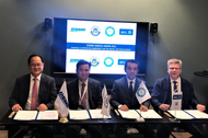 From left to right: Odin Kwon, Daewoo Shipbuilding & Marine Engineering, Deog Hee Doh, Korea Maritime and Ocean University, Naoki Mizutani, NAPA and Marko Dekena, AVL LIST signing the co-operation agreement at Nor-Shipping 2019 exhibition in Oslo. (Photo: NAPA)