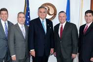 From left to right: U.S. DOT Deputy Secretary John Porcari, MARAD Administrator David Matsuda, Secretary Ray LaHood, Photo courtesy MARAD, Superintendent of the U.S. Merchant Marine Academy Admiral Philip H. Greene, Jr., Deputy MARAD Administrator Orlando Gotay. (Photo courtesy MARAD)