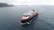 MS Roald Amundsen sailing on battery power. Photo: Hurtigruten