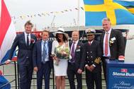 Henk Roskamp, Managing Director RVB Shipbrokers, Frank Verbunt, Spouse to Godmother, Godmother Trijntje Margaretha Oosters of RVB Shipbrokers, Johnny Schmolker, Deputy Managing Director Stena Weco, Master of Stena Impeccable Vinay Singh, Erik Hånell, President & CEO Stena Bulk. (Photographer: Silverbullet)