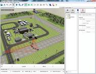 Screenshot depicting a particular attack path along with billboards and shot traces. Shot traces show in red shots from adversaries and blue, shots from guard force. The billboards can be accessed to detail what happened at the particular point in the simulation and is used to analyze the attack and response.
