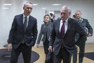 NATO Secretary General Jens Stoltenberg, left, and Defense Secretary James N. Mattis speak following a bilateral meeting at NATO headquarters in Brussels, February 14, 2018. (Photo: NATO)