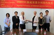 Signing ceremony; from left to right from Jinhai Heavy Industry Co., Ltd, Supply Department, Ms Summer Xia, Buyer, Mr John Zhou, Vice General Manager and Mr Zheng Jianzhong, General Manager. From Wärtsilä Ms Heidi Paulsrud General Manager, Exhaust Gas Cleaning, Sales & Marketing, Ms Yuan Alisa Ren, Sales manager and Mr Peter Xu, Sales manager.