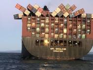 Singapore-flagged APL England dropped dozens of containers off the coast of Australia. Several stacks can be see toppled over on deck.(Photo: AMSA)