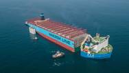 The sound part of the vessel Maersk Honam, which was hit by a serious fire last year, is being transported to Hyundai Heavy Industries Shipyard in South Korea, where it will be rebuilt. Photo: Maersk