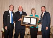 Don Stephens was presented with a Daily Point of Light Award this week at a special Mercy Ships event in Houston, Texas. Pictured (L to R) Neil Bush, Chairman, Points of Light, Don Stephens, President and Founder of Mercy Ships, Deyon Stephens, Co-founder of Mercy Ships, Paul B. Murphy, Jr., Event Chairman and CEO, President and Director of Cadence Bancorp, LLC. Photo credit: alexandersportraits.com