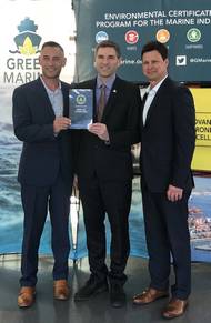 The Port of Stockton receives certification from Green Marine in recognition of its commitment to continuously reducing its environmental footprint. Pictured left to right are: Port of Stockton Environmental & Regulatory Affairs Manager Jason Cashman; Green Marine Executive Director David Bolduc; and Port of Stockton Director of Environmental & Public Affairs Jeff Wingfield. (Photo: Port of Stockton)
