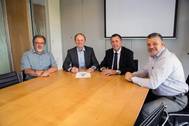 Port Taranaki representatives and Sanmar’s sales director at the contract signing: Grant Squire, marine engineer supervisor; Guy Roper, chief executive; Craig Bramley, Sanmar director of sales-Australian region; and Neville Fox, head of marine services (Photo: Sanmar)