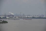 Vessels transit in the upper Houston Channel in the aftermath of Hurricane Harvey. (U.S. Coast Guard photo by Brandon Giles)