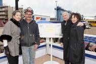 BIW welder, Carl Pepin, second from left, with members of the Zumwalt family including Ann Phillips, left, James G. Zumwalt and Mouzetta Zumwalt-Weathers, at the keel laying for DDG-1000, the first ship in the planned three-ship Zumwalt class of guided-missile destroyers.