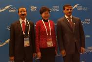 DP World Group Chairman and CEO, Sultan Ahmed Bin Sulayem, with Chief Secretary for Administration of the Hong Kong Government, Ms Carrie Lam and UAE Minister of Economy, HE Sultan Bin Saeed Al Mansouri at the Belt and Road Summit in Hong Kong. Photo DP World