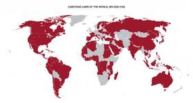 Map of 105 nations across the world that have cabotage laws, as recorded by the Seafarers' Rights International (Credit: SRI)