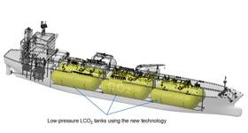 Illustration of a Ship with Low-pressure LCO2 Tanks. Image courtesy Mitsubishi Shipbuilding Co., Ltd.