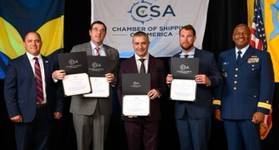Garrett Huffman, Chairman, Chamber of Shipping of America; Captain Nick St. Jean, Crowley; Chief Engineer Dimiter Mitev, Crowley; Captain Kevin Wood, Crowley; Rear Admiral Will E. Watson, Heartland District, U.S. Coast Guard. Credit: Crowley