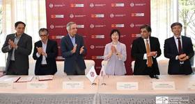 From left: Manuel V. Pascua, ICTSI chief financial officer and chief risk officer; Christian R. Gonzalez, ICTSI executive vice president; Enrique K. Razon Jr., ICTSI chairman and president, Zou Jiayi, AIIB chair and president; Najeeb Haider, AIIB global director general, project and corporate finance clients; and Yong Zhou, AIIB chief officer, office of the president. Credit: AIIB
