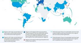 Figure 1: Global map showing potential regional patterns and early trade for sustainable maritime fuels. Credit: Lloyd’s Register