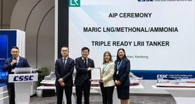 The image shows (l-r) SI Nan, Marine & Offshore Marketing Department Vice Director, MARIC; Ci Hongen, Vice Chief Engineer of Merchant Ship Dept., MARIC; Zhang Chao, Director of Merchant Ship Department, MARIC; Anthi Miliou, Senior Vice President Global Commercial, Lloyd’s Register; and Sherry Li, Global Head of New Construction, Lloyd’s Register. © LR