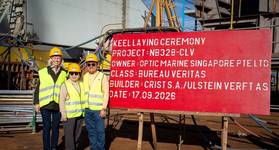 L-R: Ulstein CEO Gunvor Ulstein, OMS Group Chairman Datuk Lim Soon Foo and OMS Group Executive Director Datin Janet Ng during a visit to CRIST Shipyard in Gdynia, Poland, to view the construction progress of CS Resilience following its keel laying on September 17, 2026. © OMS Group