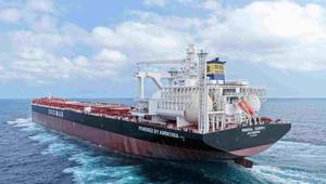 The 210,000 dwt Newcastlemax, built by CSSC Qingdao Beihai Shipbuilding, features a WinGD dual-fuel ammonia engine and a Sun Rui Ammonia Fuel Supply System. Image courtesy Anglo Eastern