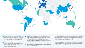 Figure 1: Global map showing potential regional patterns and early trade for sustainable maritime fuels. Credit: Lloyd’s Register
