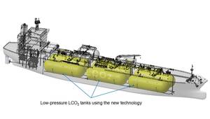 Illustration of a Ship with Low-pressure LCO2 Tanks. Image courtesy Mitsubishi Shipbuilding Co., Ltd.