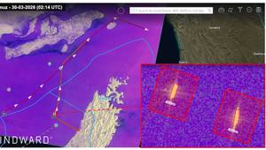 SAR imagery of the two ultra-large container vessels, March 30, 2026. Source: Windward Remote Sensing Intelligence.