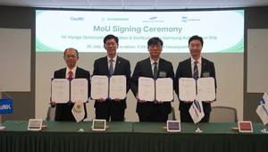 From right: Mr. Keemoon, Executive Director for Global SEA Division, Weathernews Inc.; Dr. Hyun Joe Kim, Executive Vice President, Head of Ship & Offshore Research Institute, Samsung Heavy Industries; Capt. Jack H.M. Yang, Deputy Div. Chief, Ship Div., Evergreen Marine Corporation; and Dr. Yoshiya Yamaguchi, Executive Vice President, ClassNK. © ClassNK