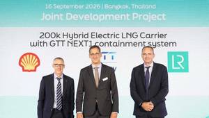 (l-r) Stephen Brown, Technology Manager, Shell; Francois Michel, Chief Executive Officer of GTT; Andrew McKeran, Chief Growth Officer, Lloyd's Register. © LR