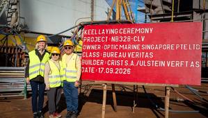 L-R: Ulstein CEO Gunvor Ulstein, OMS Group Chairman Datuk Lim Soon Foo and OMS Group Executive Director Datin Janet Ng during a visit to CRIST Shipyard in Gdynia, Poland, to view the construction progress of CS Resilience following its keel laying on September 17, 2026. © OMS Group