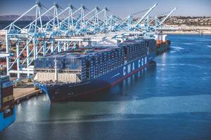 The CMA-CGM Ben Franklin, an 18,000 TEU containership, was, in 2015, the largest vessel to call on a U.S. port.) (Photo: Marad)