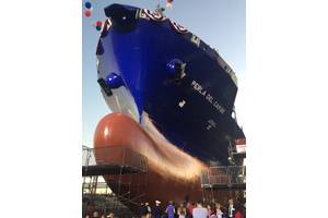 Perla del Caribe, the second of two LNG-fueled Marlin Class ships built by General Dynamics NASSCO for Tote, was launched at NASSCO’s yard in San Diego. (Photo: General Dynamics NASSCO)
