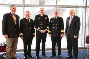 "The President's Panel" helped to bring the 10th Annual Maritime Risk Symposium to a close yesterday. (L to R); Eric Johansson, SUNY Maritime; RADM Michael E. Fossum, Superintendent, Texas A&M Maritime Academy; RADM Michael Alfultis, President, SUNY Maritime College; RADM Francis X. McDonald, President of Massachusetts Maritime Academy, and moderator RADM Fred Rosa (USCG, Ret.), Johns Hopkins APL. (Photo: SUNY Maritime)