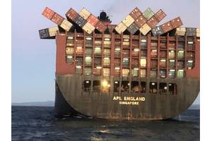 Singapore-flagged APL England dropped dozens of containers off the coast of Australia. Several stacks can be see toppled over on deck.(Photo: AMSA)