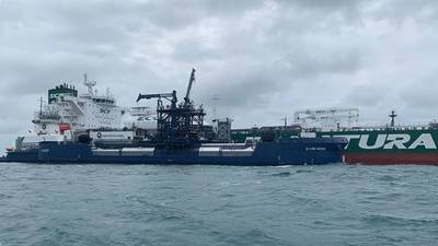 The 150th operation was performed by Korolev Prospect, on time charter to Chevron, receiving 600 tonnes of marine LNG from Shell and delivered by Q-LNG 4000 outside Port Canaveral, Florida. Image courtesy Sovcomflot (SCF Group)