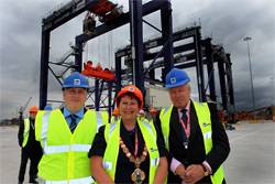 Andrew Oxby, Operations Manager, Teesdock, PD Ports (left), Olwyn Peters, Mayor of Redcar and Cleveland (center) and Pekka Huhtaniemi, Finnish Ambassador for the UK (right).