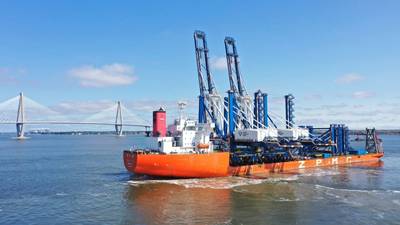 The Zhen Hua 36 arrived in Charleston carrying two SC Ports’ ship-to-shore cranes for the Hugh K. Leatherman Terminal. (Photo: Walter Lagarenne / SCPA)