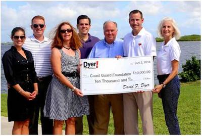 The Dyer family- left to right: Tatiana and Will Dyer, Harriet Dyer, John Dyer and David Dyer, with Coast Guard Foundation’s regional director Brian Overcast and Coast Guard Foundation board member VADM Sally Brice-O’Hara, USCG (Ret.). The $10,000 gift from Dyer Chevrolet, Ft. Pierce Florida was presented today to the Coast Guard Foundation to fund kayaks, stand-up paddleboards, and camping and fishing gear for the 45 active duty members and 15 reservists, and their families based at this Coas