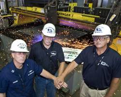 Ingalls Shipbuilding celebrated "start of fabrication" for the U.S. Coast Guard National Security Cutter Hamilton (WMSL 753) at its Steel Fabrication Shop in Pascagoula, Miss. Pictured (left to right) are U.S. Coast Guard Lt. Dave Osborne, test lead, hull and electrical; Jim French, deputy program manager, NSC Programs; and Len Janowski, ship design manager, Surface Ship Combatants.