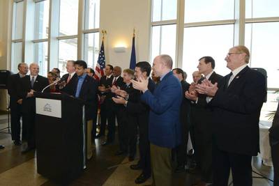 Gov. Jindal at a press conference Wednesday afternoon at the Port of New Orleans Administration Building, joined by ISH President Erik Johnsen (left of Gov. Jindal) New Orleans Mayor Mitch Landrieu (to the left of Johnsen), Port of New Orleans President and CEO Gary LaGrange (far right), Louisiana Secretary of Economic Development Stephen Moret (to the left of LaGrange) and a host of local and state elected officials.
