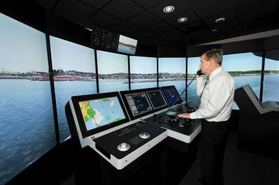 Capt. John Kessler, maritime instructor, demonstrates how mariners train using the bridge simulators at the San Jacinto College maritime program. Photo credit: Jeannie Peng-Armao, San Jacinto College