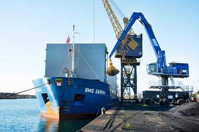The new Mantsinen 120M HybriLift hydraulic crane now in operation at the Port of Swansea. (Photo: Cooper Handling)
