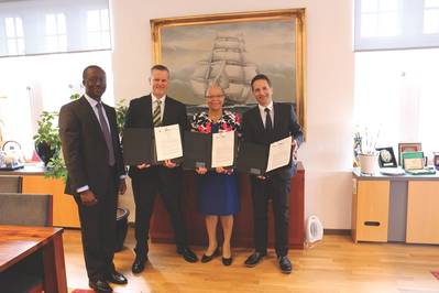 The MarTID partnership was started more than a year ago, a partnership solidified in the summer of 2017 in the office of Dr. Cleopatra Doumbia-Henry, President, World Maritime University. L to R: Associate Professor, Michael Manuel, WMU; Greg Trauthwein, Vice-President, New Wave Media; Dr. Cleopatra Doumbia-Henry, President, WMU; Murray Goldberg, CEO, Marine Learning Systems. Photo courtesy WMU