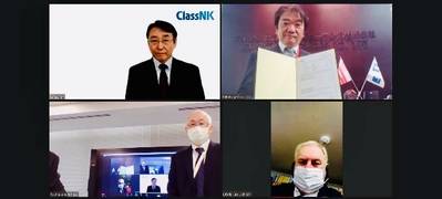The Online Certificate Delivery Ceremony: (Top right: Takakage Imai, President, MOL Ship Management Co., Ltd.; Bottom right: Master of M/V “Orca Ace”, Capt. Sergey Nichiporenko; Bottom left: Satoshi Fujii, General Manager, Mitsui O.S.K. Lines, Ltd.; Top left: Yoshinori Kozeki, Corporate Officer, ClassNK)