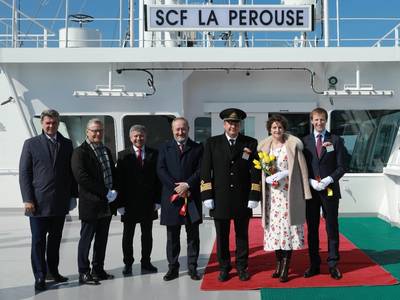 Pictured, right to left: Arnaud le Foll, Total’s Country Chair Russia and Director General of Total Exploration and Production Russia; Fleur-Eve Durin le Foll, his spouse and the vessel’s sponsor; Alexander Matanov, the vessel’s master; Sergey Frank, Chairman of the Board of Directors of PAO Sovcomflot; Nikolay Kolesnikov, Executive Vice President and Chief Financial Officer of PAO Sovcomflot; Peter Justesen, Vice President for LNG Shipping at Total, and Grigory Aleksandrov, Director of Projects