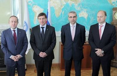 Pictured (from left to right): Sergey Frank, CEO, OAO Sovcomflot; Dmitry Mironenkov, Vice President, JSC United Shipbuilding Corporation; Nikolai Grigoriev, Director of Global Shipping & Logistics, Gazprom Marketing & Trading and Mikhail Ayvazov, CEO, Russian Maritime Register of Shipping