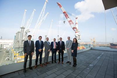 Representatives from Lindø port of Odense and Liebherr Rostock From left to right: Roman Chopyk (Sales Manager, Liebherr Rostock); Andreas Müller (Sales Director, Liebherr Mobile Harbour Cranes); Christian Kruse Trillingsgaard (Technical Manager, Lindø port of Odense); Carsten Aa (CEO, Lindø port of Odense); Leopold Berthold (Managing Director, Liebherr Rostock); Aron Boysen (Sales Manager, Liebherr Denmark), Sara Glasewald (Project Manager, Liebherr Rostock). Photo: Liebherr