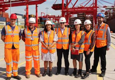 Left to right: Colin Mottershead, Shiphand/Tug Driver; Darrin Hyde, RTITB Trainer/Gantry Operator; Nusrat Ghani MP, Maritime Minister; Patrick Walters, Chief Operating Officer, Jo Scott, Group Head of Marketing; Emma Wilson, Digital Apprentice; Mark Reynolds, Shift Manager (Photo: Peel Ports)